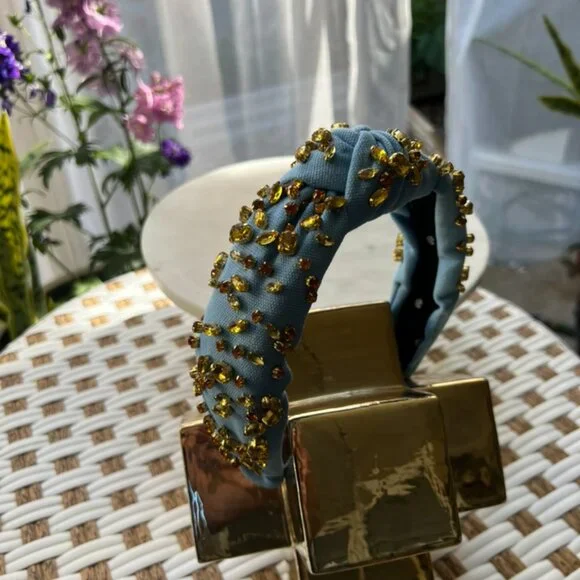 Lele Sadoughi Classic Knotted Blue Headband Amber & Gold Gems display picture 2